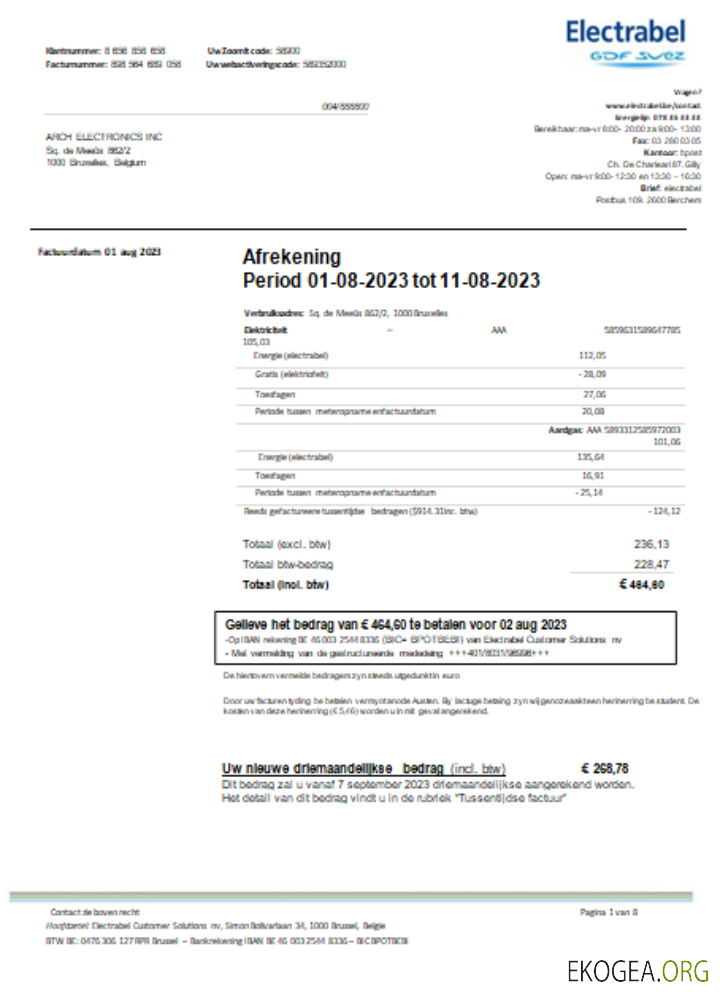 Facture commerciale du service public d'électricité d'Electrabel SA, SCR